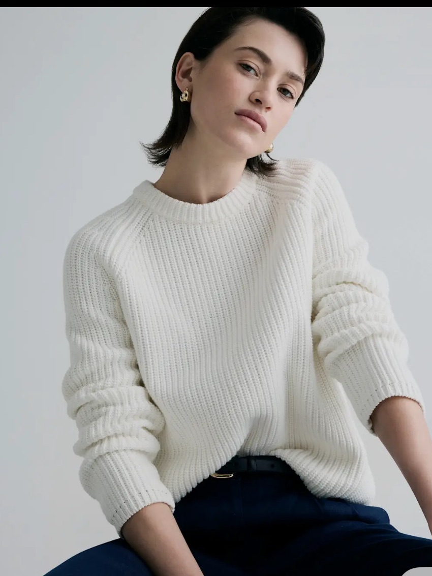 Quince Cream Ribbed Fisherman Crew Sweater